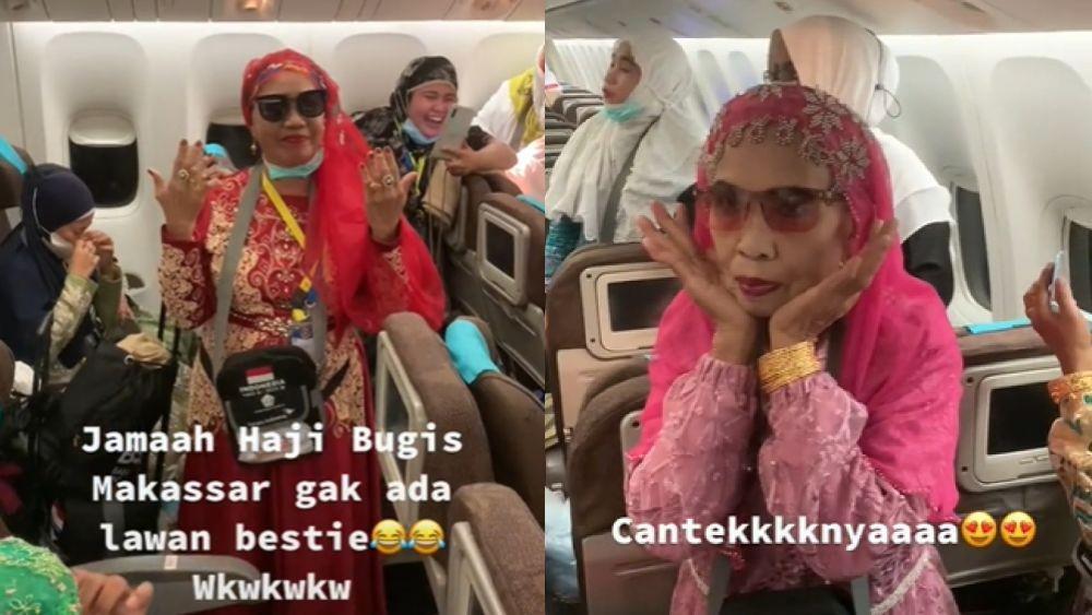 Viral video jemaah haji berdandan nyentrik di pesawat. (TikTok/@ravidhams)