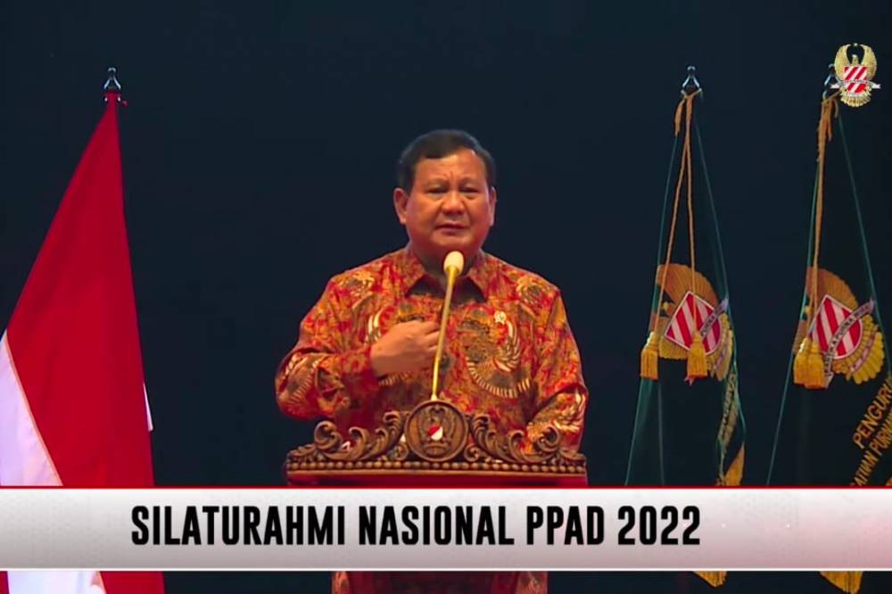 Menteri Pertahanan Prabowo Subianto hadir di acara Silaturahmi Nasional PPAD TNI 2022 (youtube.com/PPAD TNI)