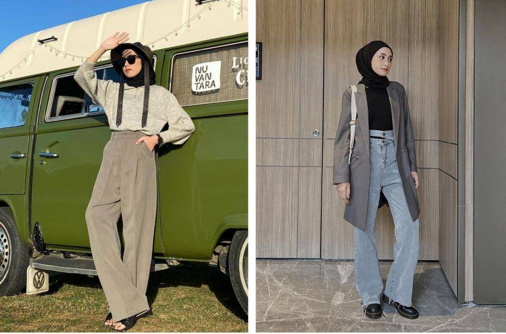 inspirasi padu padan celana high waist untuk hijab (instagram.com/ameliaelle|instagram.com/helminursifah)