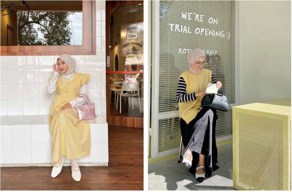 inspirasi outfit nuansa kuning pastel untuk hijab (instagram.com/rafikarahmaaa)