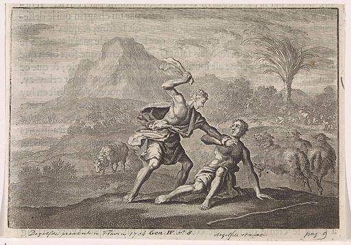 ilustrasi peristiwa Qabil membunuh Habil (lookandlearn.com/Jan Luyken, dok. Rijksmuseum)