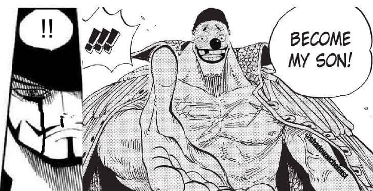 Buggy mengulurkan tangannya ke Mihawk  ( Dok. twitter.com/@mavijr_ )