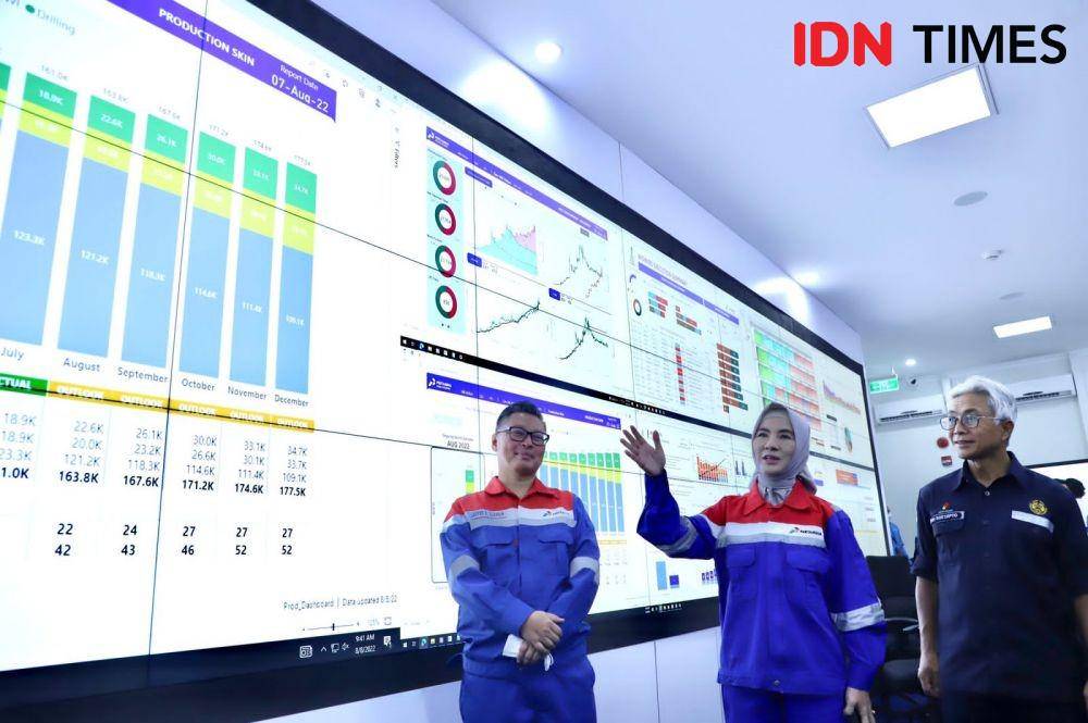 Direktur Pertamina Nicke Widyawati di Blok Rokan milik Pertamina, Riau, Senin (8/8/2022). (IDN Times/Uni Lubis)
