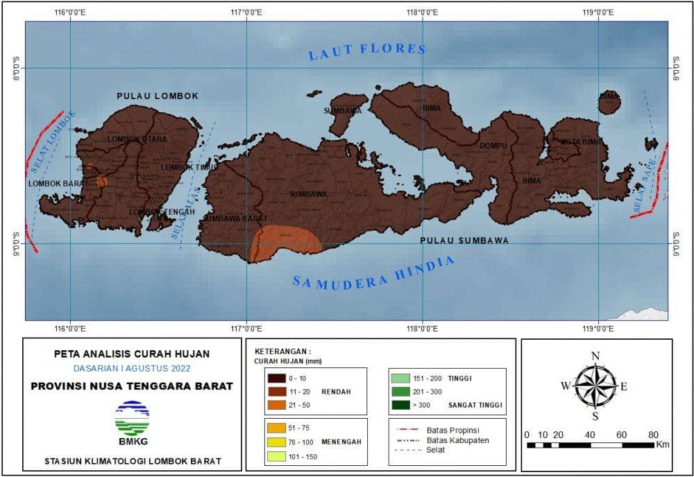 Peta curah hujan di wilayah NTB. (dok. BMKG Stasiun Klimatologi NTB)