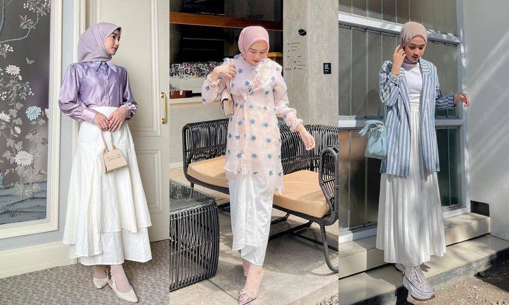 style hijab rok putih dan atasan pastel (instagram.com/oliviafindas | instagram.com/azizahlimi | instagram.com/instagram.com/inikiranaaa__)