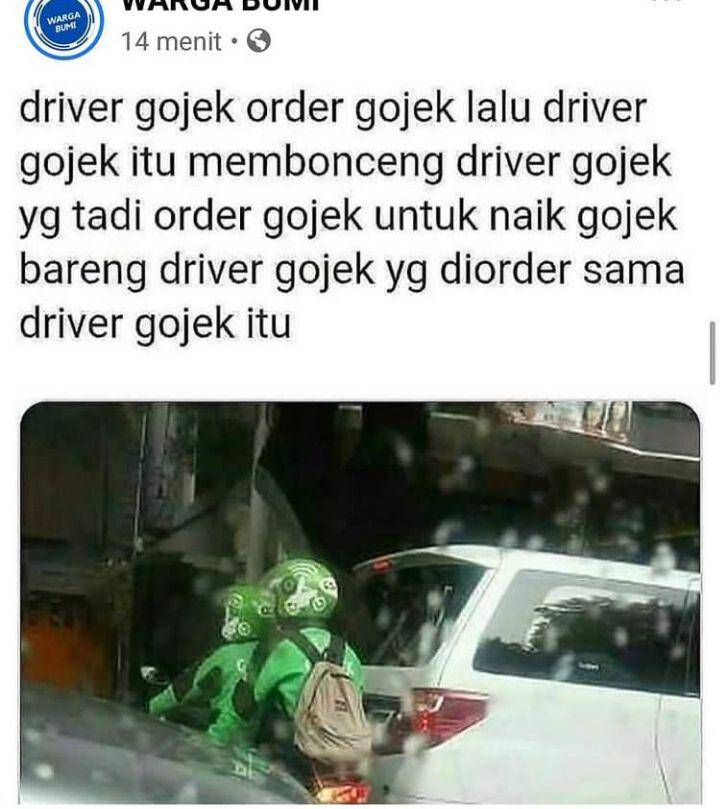status FB driver ojek online kocak (instagram.com/id.dagelan)