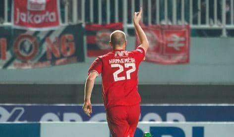 Selebrasi Michael Krmencik usai mencetak gol untuk Persija. (Twitter/@Persija_Jkt).