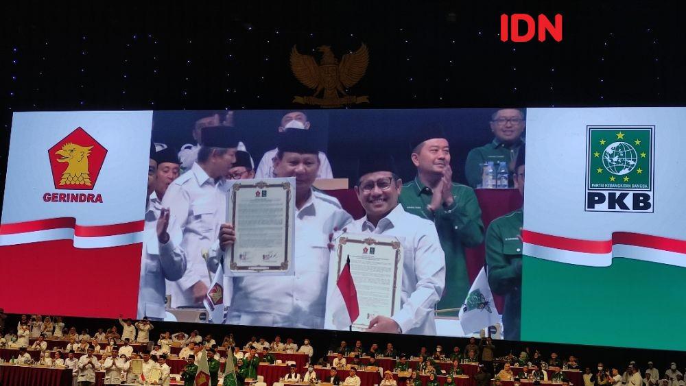 Ketua Umum Gerindra Prabowo Subianto dan Ketua Umum PKB Muhaimin Iskandar di Rapimnas Gerindra (IDN Times/Yosafat Diva Bayu Wisesa)