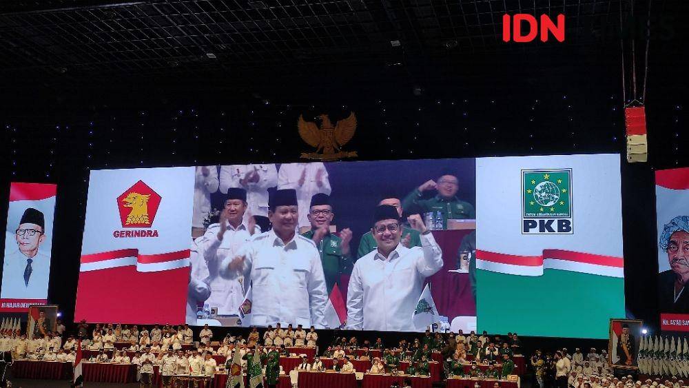Ketua Umum Gerindra Prabowo Subianto dan Ketua Umum PKB Muhaimin Iskandar di Rapimnas Gerindra (IDN Times/Yosafat Diva Bayu Wisesa)