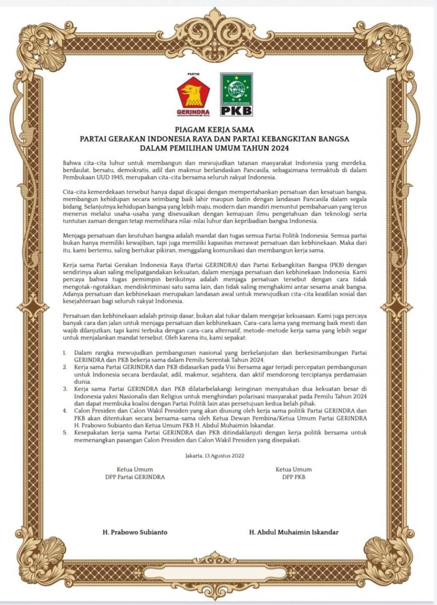 Draf kesepakatan antara Partai Gerinda dan PKB.(Dok.DPC Gerindra Bantul)