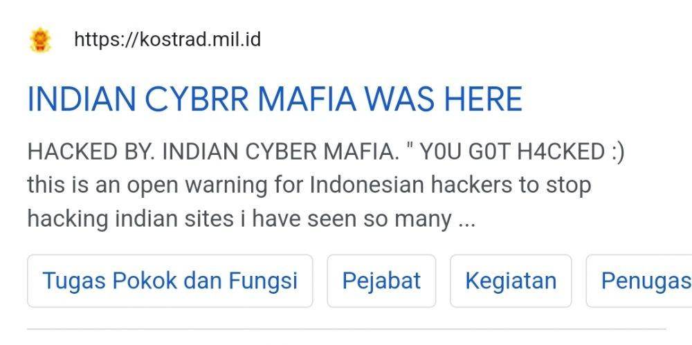 Tulisan 'Indian Cybrr Mafia Was Here' muncul ketika diketik Kostrad di mesin pencari Google. (Tangkapan layar Google)