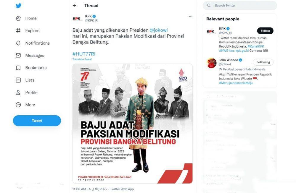 Thread Twitter KPK tentang Pidato Presiden Jokowi dalam sidang Paripurna menjadi sorotan publik. (twitter.com/KPK_RI)