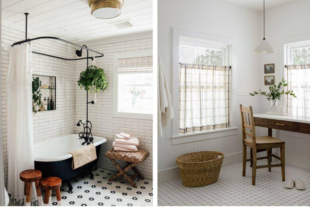 inspirasi dekorasi kamar mandi modern farmhouse (nestingwithgrace.com | laineandlayne.com)
