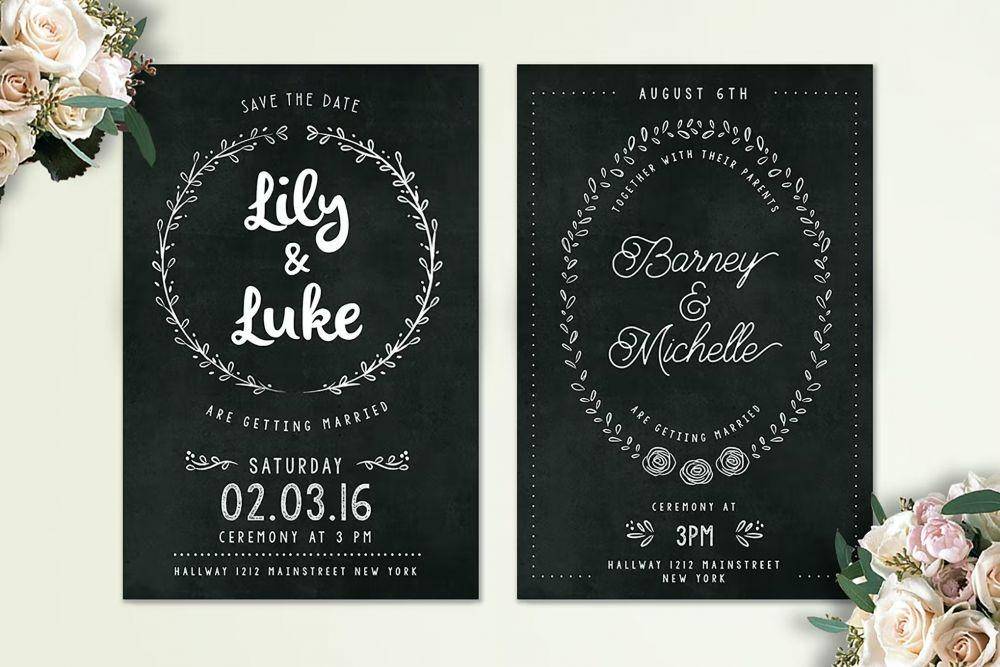 ilustrasi undangan pernikahan tema chalkboard (elements.envato.com)