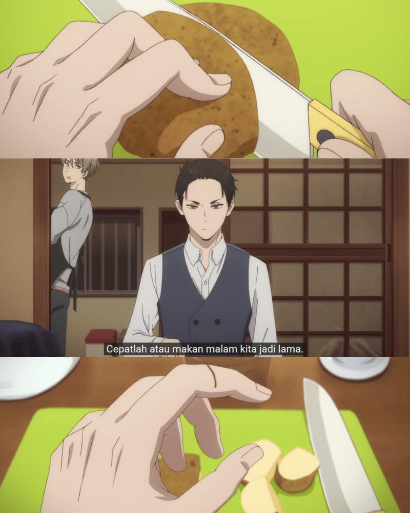 Jari Daisuke teriris sewaktu memotong kentang. (dok. CloverWorks/Fugou Keiji Balance: Unlimited)