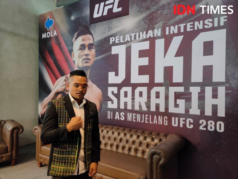 Jeka Saragih di konferensi pers jelang berangkat ke Amerika Serikat, Jumat (19/8/2022). (IDN Times/Tino).