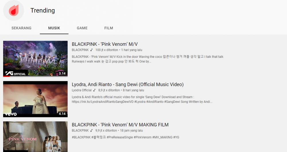 trending YouTube Indonesia untuk kategori musik (youtube.com)