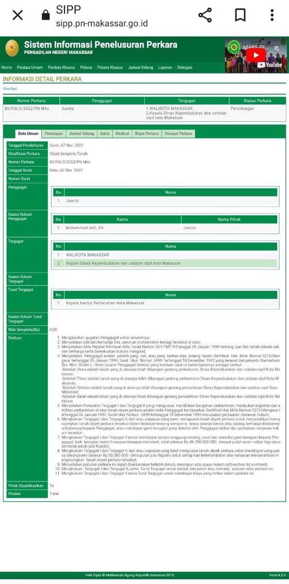 Tangkapan layar ponsel terkait perkara gugatan sebagian lahan kantor Dukcapil Makassar yang diterbitkan di website PN Makassar. (Istimewa)