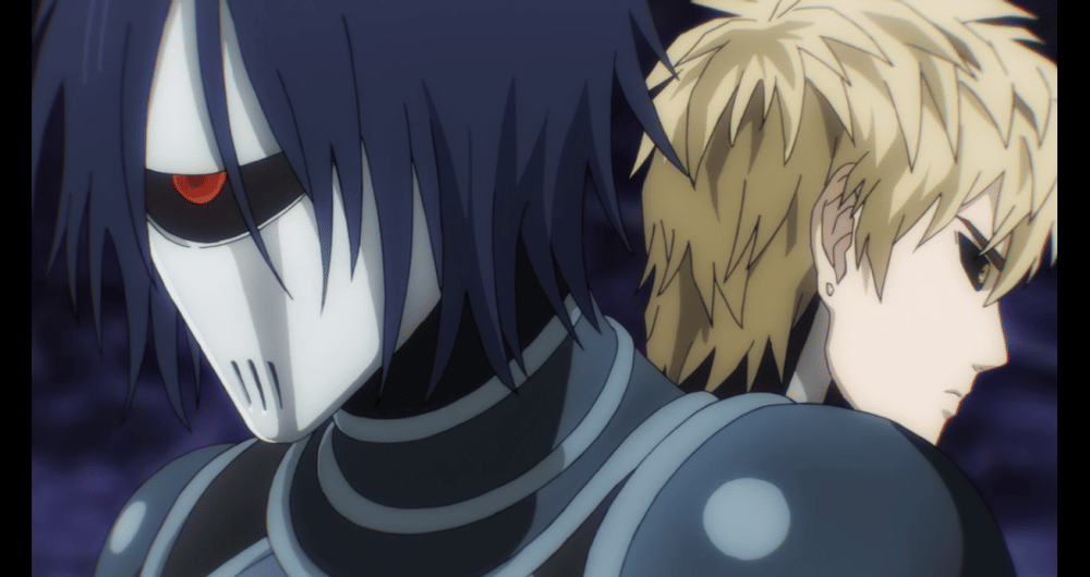 Drive Knight memberi tahu Genos bahwa Metal Knight adalah musuh (Madhouse/ One Punch Man)