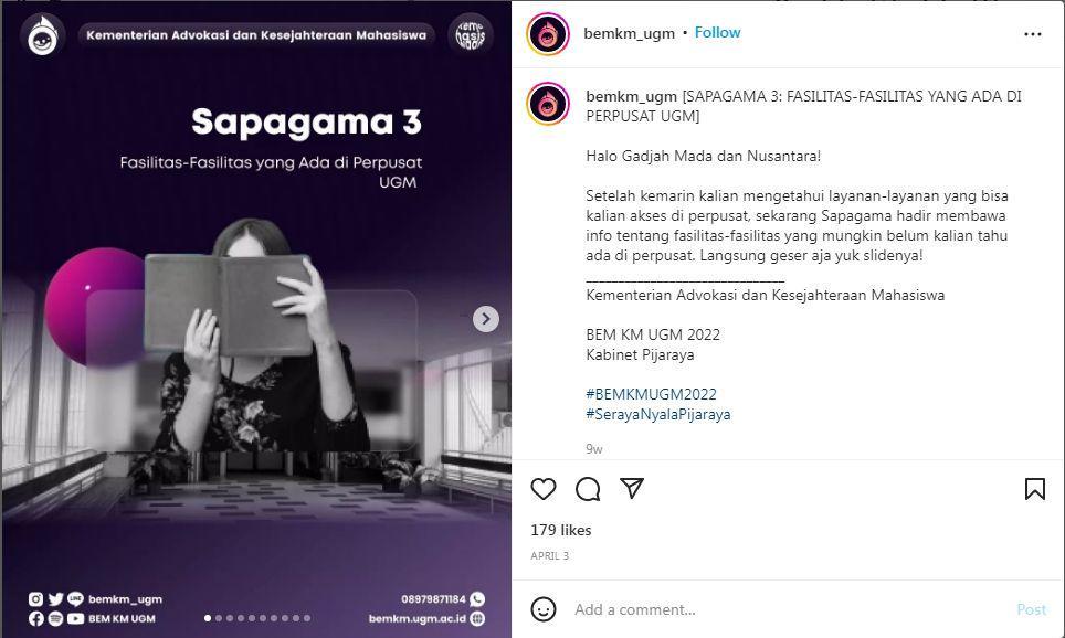 informasi fasilitas perpustakaan UGM (Instagram/bemkm_ugm)