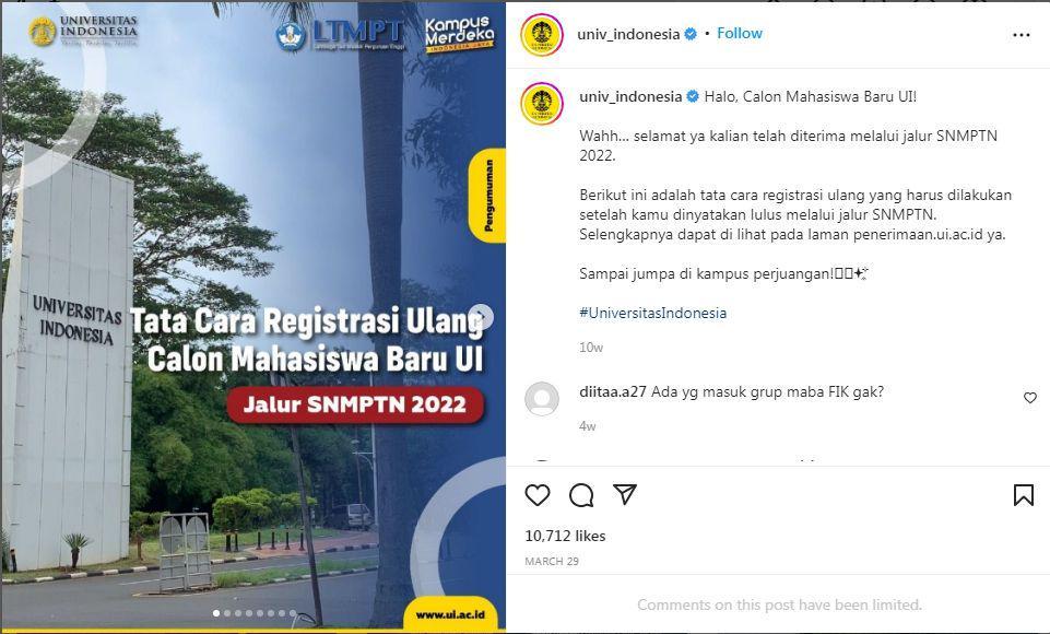 informasi penerimaan mahasiswa baru UI (Instagram/univ_indonesia)