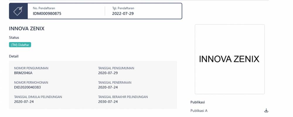 Innova Zenix sudah didaftarkan sejak 2020 lalu (dok. pdki-indonesia.dgip.go.id)