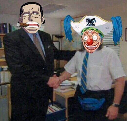 Crocodile memberi selamat kepada Buggy yang akan dijadikan sebagai umpan ( Dok. twitter.com/@LegadoMerry )