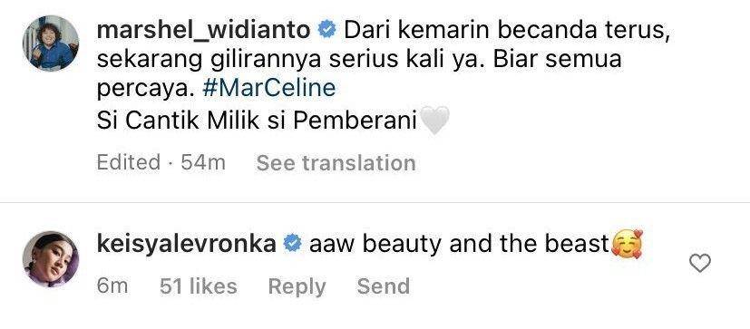 tangkapan layar komentar Keisya di postingan Marshel (instagram.com/marshel_widianto)