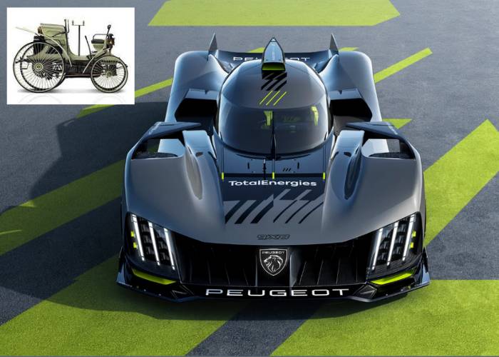 Peugeot Type 5 yang diproduksi pada tahun 1893 dan Peugeot 9X8 Hypercar terbaru tahun 2022. (topspeed.com | peugeot.co.id)