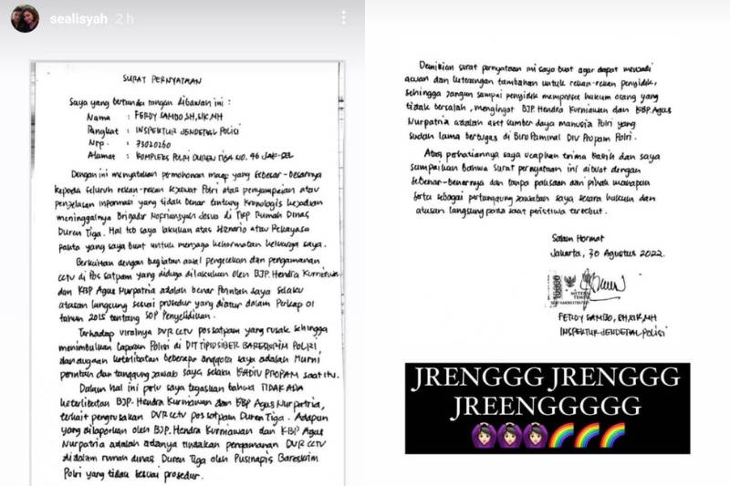 Surat Irjen Ferdy Sambo untuk BJP Hendra Kurniawan diunggah istri Hendra, Sealisyah. (instagram.com/sealisyah)
