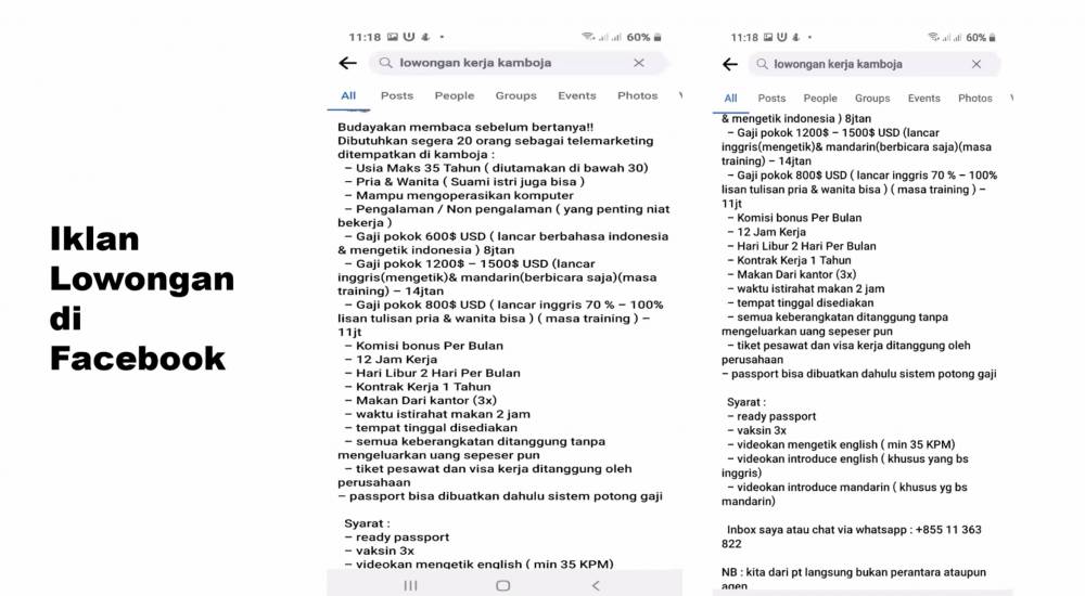 Contoh lowongan kerja bodong di media sosial. (dok. Migrant Care)