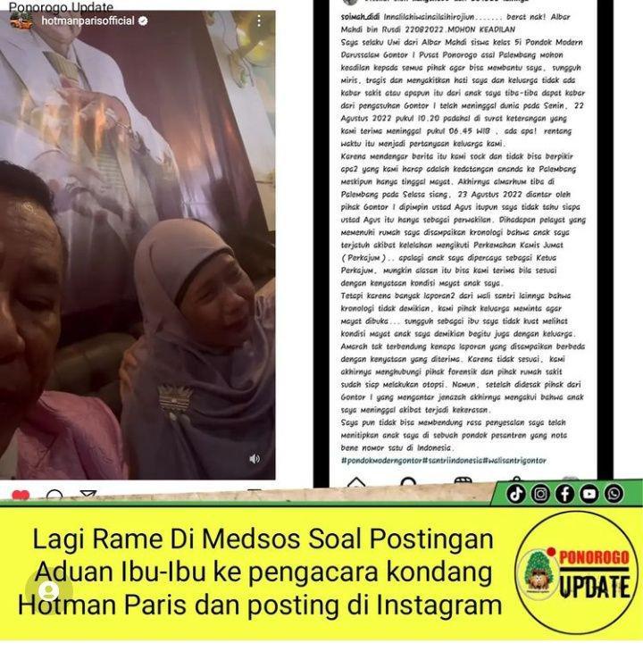 Tangkapan layar Instragram tentang pengaduan seorang ibu kepada pengacara Hotman Paris tentang anaknya yang diduga dianiaya di Ponpes Darussalam Gontor