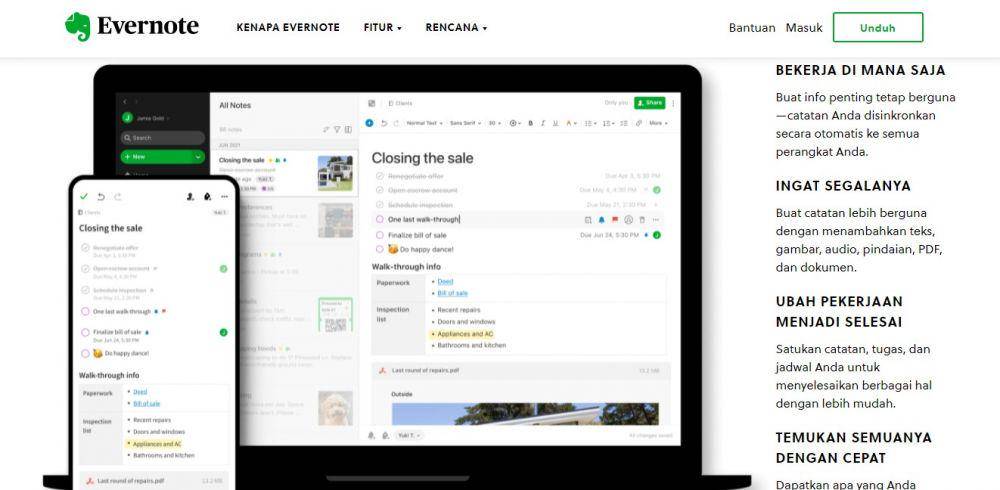 tampilan situs web Evernote (evernote.com)