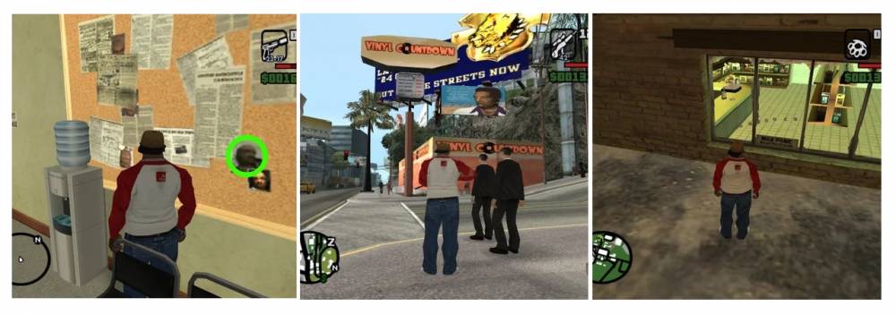 kameo di GTA: San Andreas (kiri-kanan): James Earl Cash dari Manhunt, Lance Vince dari GTA Vice City, dan Max Pane dari Max Payne (ign.com)