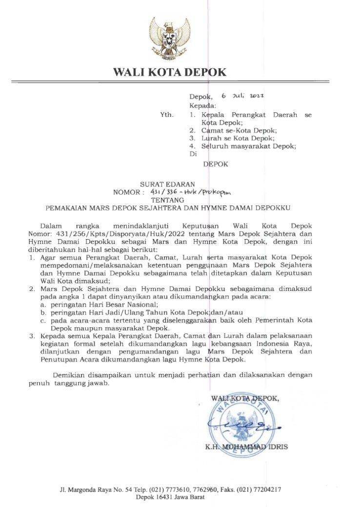 Tangkapan layar surat edaran Wali Kota Depok tentang Mars Depok Sejahtera dan Hymne Damai Depokku