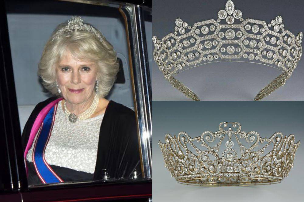 kolase: Duchess of Cornwall/Queen Consort Camilla mengenakan The Cubitt-Shand Tiara (dok. Royal Court Jewellery) | Boucheron Honeycomb Tiara/The Greville Tiara | Delhi Durbar Tiara (dok Royal Collection Trust Official Site)