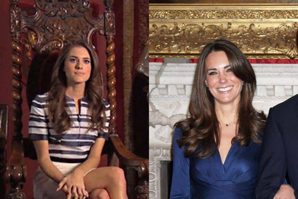kolase: potret Allison Williams di mini seri parodi Will and Kate: Before Happily Ever After (dok. Funny or Die/Will and Kate: Before Happily Ever After) | potret Catherine, Prince of Wales saat pengumuman pertunangan dengan William, Prince of Wales (instagram.com/the_mountbatten_windsor)