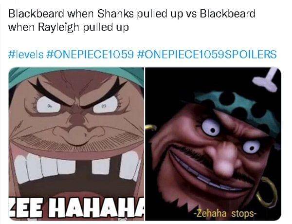 Perbedaan reaksi Kurohige ketika didatangi Shanks dan Rayleigh  ( Dok. twitter.com/@failed_artistOP)