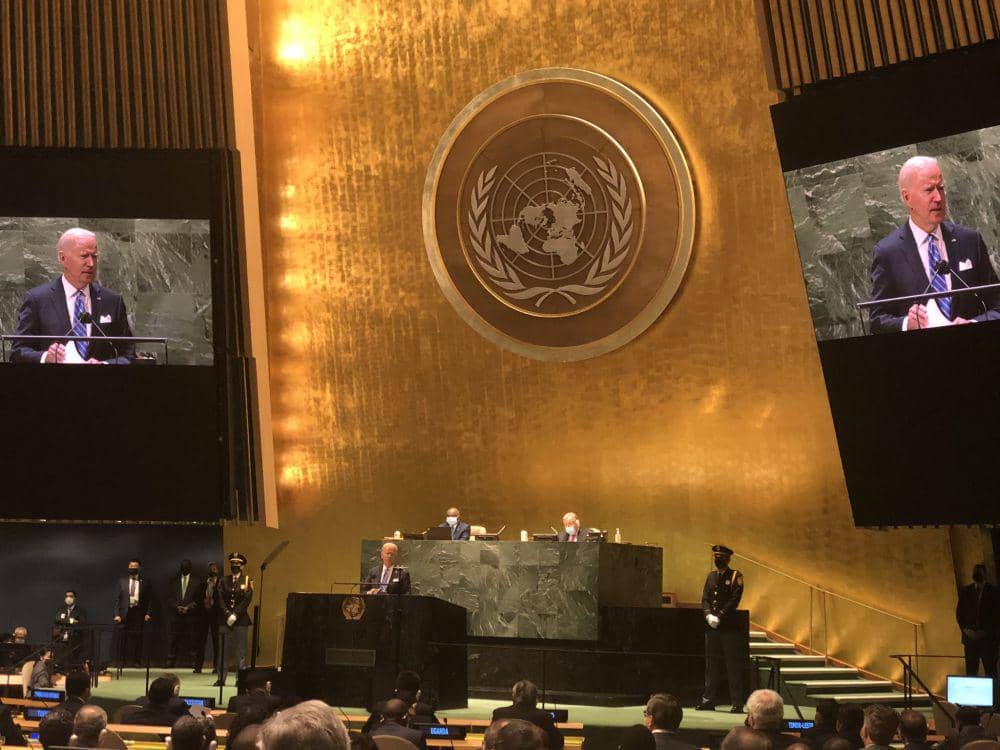 Presiden Amerika Serikat, Joe Biden, saat berbicara di Sidang Umum PBB pada September 2021. (Twitter.com/Satyendra Prasad)