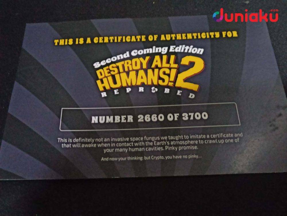 Sertifikat otentik Destroy All Humans 2 Reprobed Second Coming Edition. (Duniaku.com/Fahrul Razi Uni Nurullah)