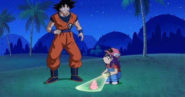 Goku bertemu Arale yang sedang bermain kotoran ( Toei Animation / Dr. Slump )