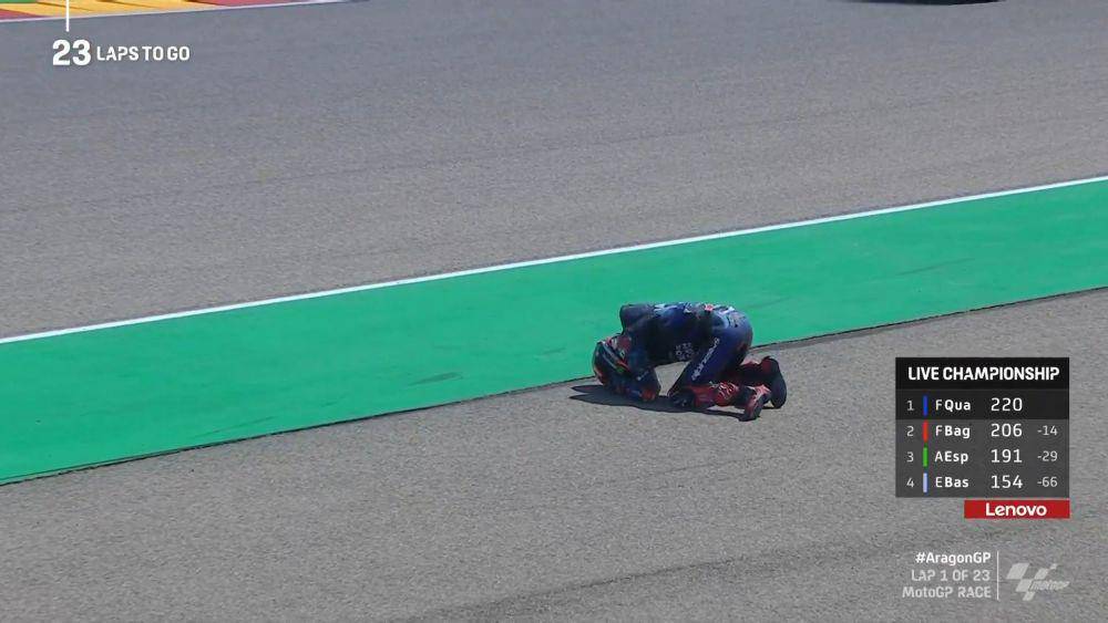 Fabio Quartararo terjatuh saat balapan GP Aragon 2022. (twitter.com/MotoGP)