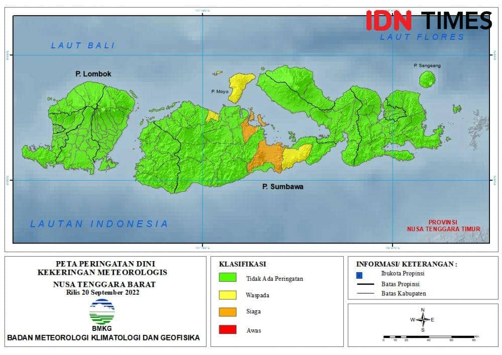 Peta peringatan dini kekeringan meteorologis dasarian III September 2022 di NTB. (dok. BMKG Staklim NTB)