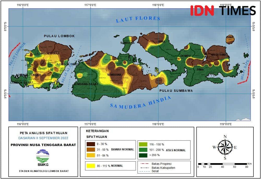 Peta analisis sifat hujan dasarian II September 2022 di NTB. (dok. BMKG Staklim NTB)