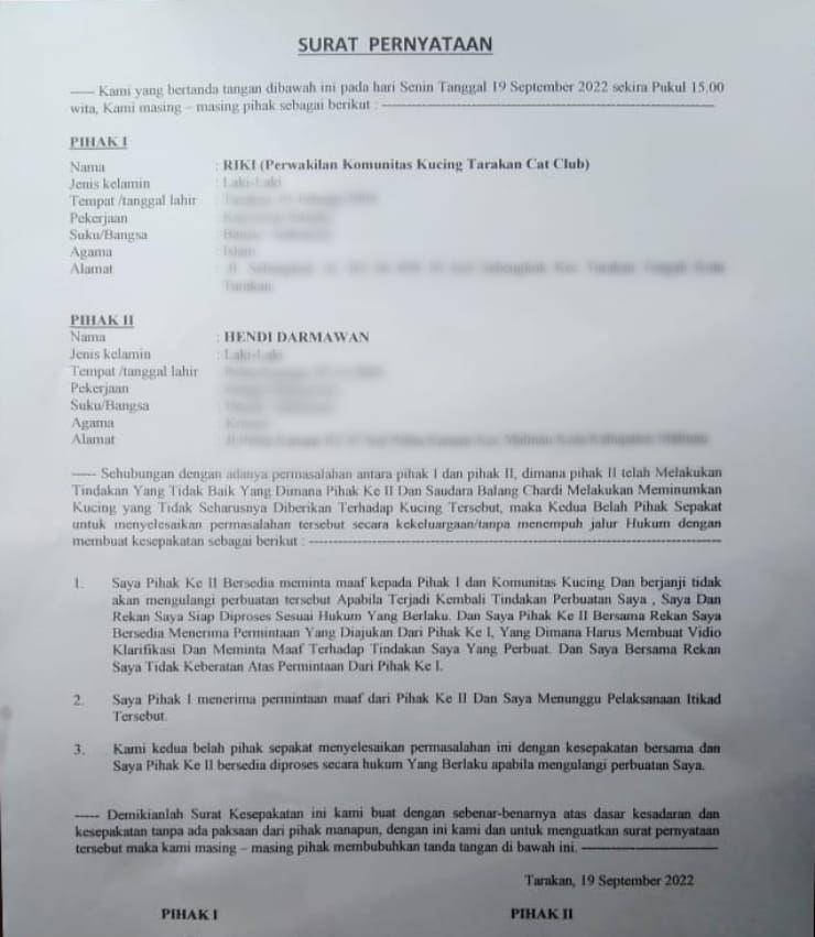 surat pernyataan pelaku pencekok miras ke anak kucing di Tarakan (dok. Istimewa)