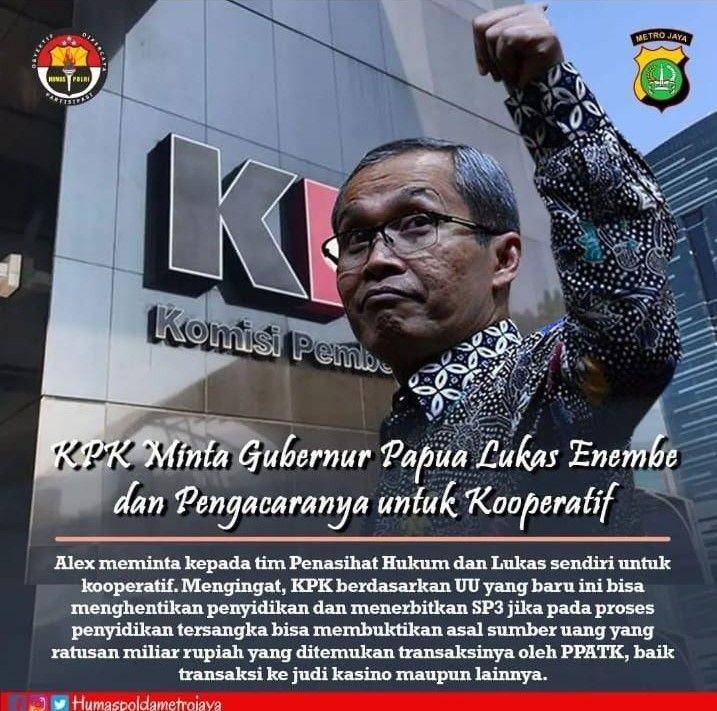 Unggahan akun Instagram @humas.poldametrojaya soal Lukas Enembe, yang kini sudah dihapus(Dok/Instagram)