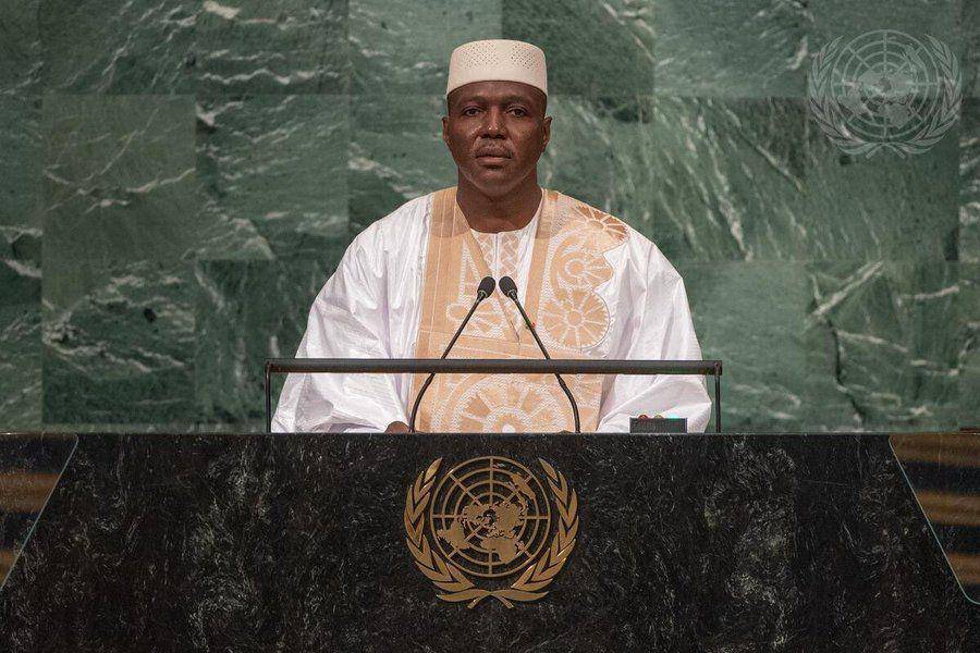 Perdana Menteri Mali Abdoulaye Maiga, berpidato di sesi ke-77 Majelis Umum PBB pada 24 September 2022. (Twitter.com/Colonel Abdoulaye Maïga)