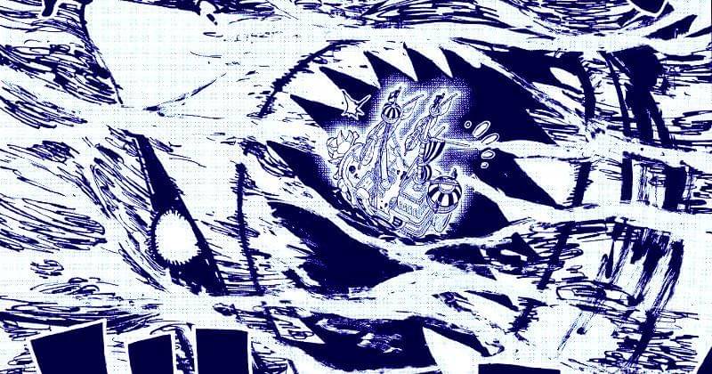 Hiu besi raksasa menyerang Thousand Sunny. (mangaplus.shueisha.co.jp/One Piece)