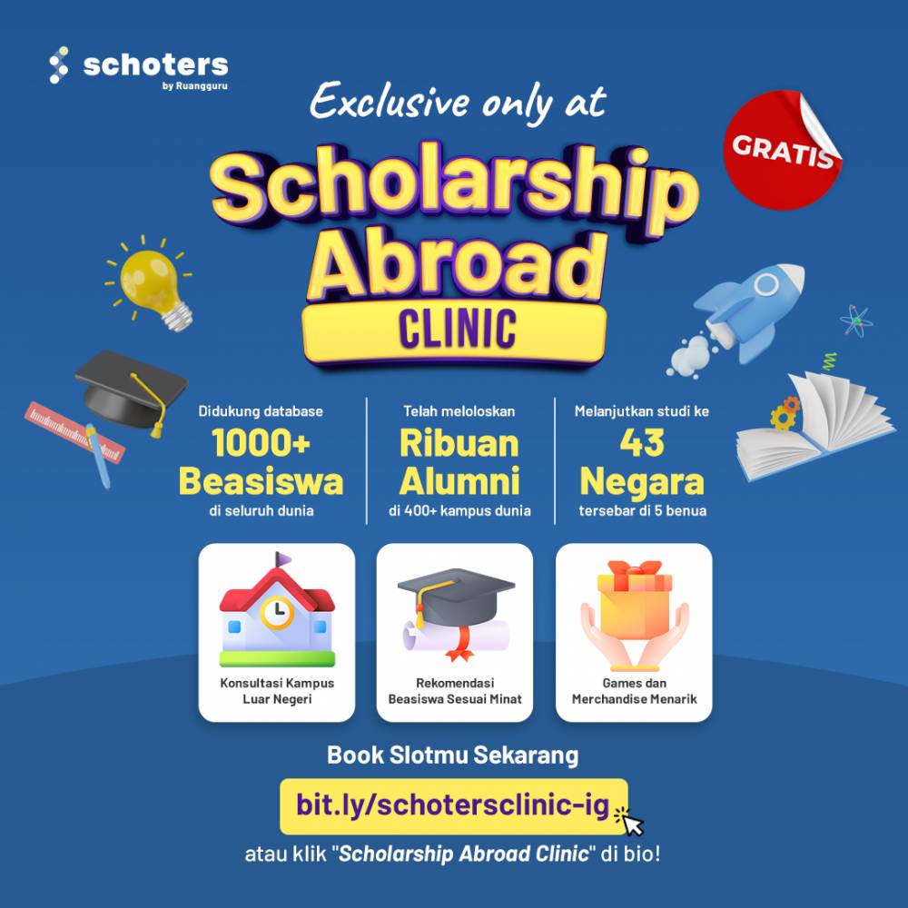 Poster Scholarship Abroad Clinic, konsultasi bimbingan kuliah ke luar negeri yang diselenggarakan oleh Schoters (dok. Schoters)