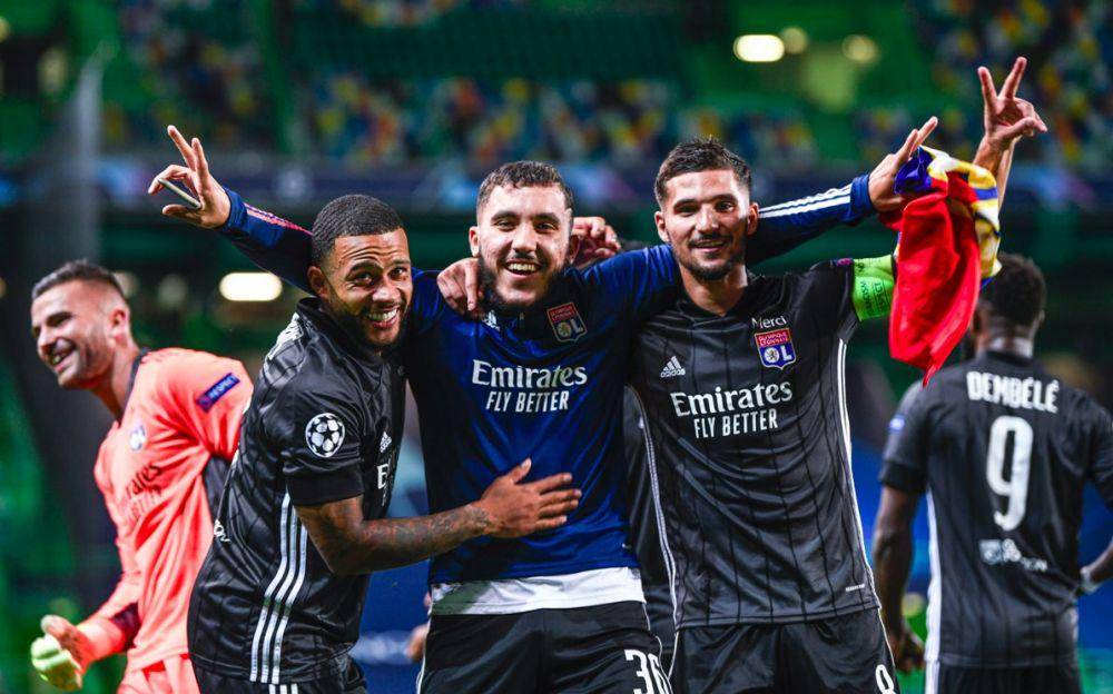Para pemain Lyon merayakan kemenangan atas Manchester City di perempat final Liga Champions 2019/2020. (twitter.com/OL)